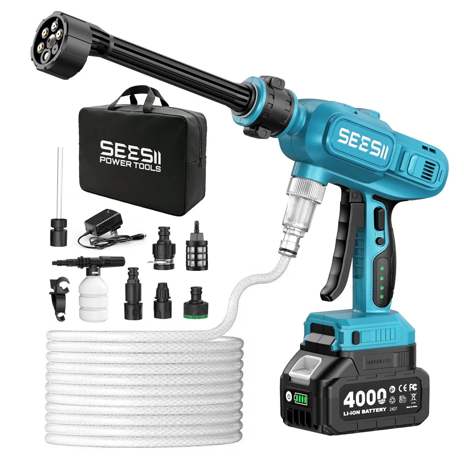 SEESII High-Pressure Cordless Pressure Washer, 1500 PSI Cleaner with 1 X 4000Mah Battery, 6-In-1 Nozzle & Foam Cannon for Car, Home, Garden Cleaning Dealsforyoudays