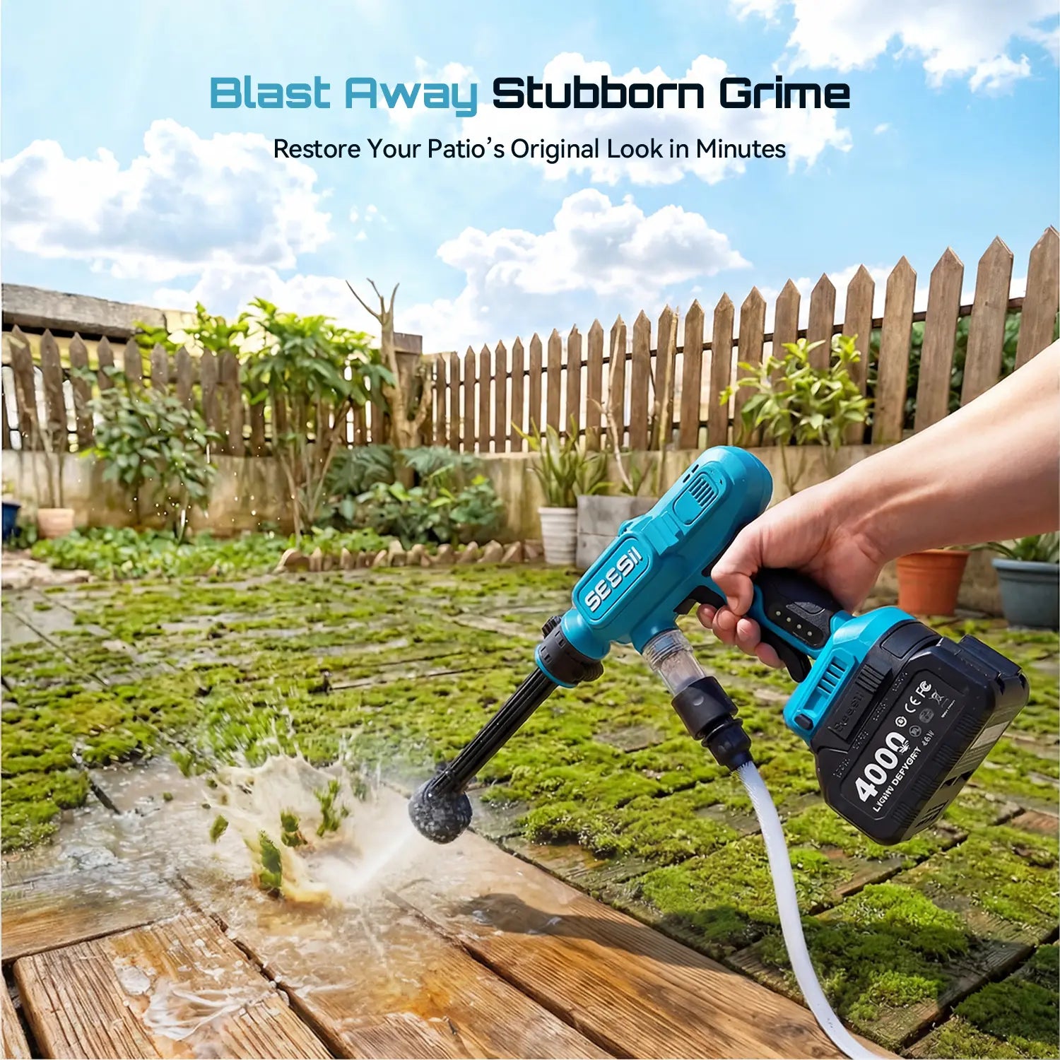 SEESII High-Pressure Cordless Pressure Washer, 1500 PSI Cleaner with 1 X 4000Mah Battery, 6-In-1 Nozzle & Foam Cannon for Car, Home, Garden Cleaning Dealsforyoudays
